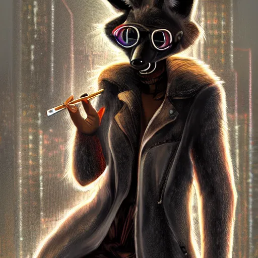 Image similar to digital painting of anthromorphic hyena female smoking cigarrete, fursona, furry fandom, furaffinity, neon rainy cyberpunk setting, anthro, wearing cyberpunk leather jacket, detailed face, blade runner, zootopia style,