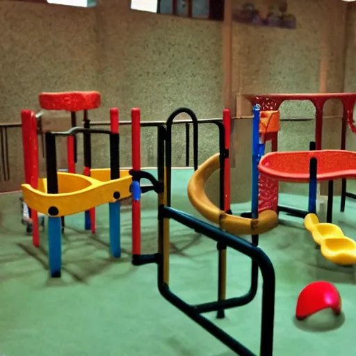 Image similar to a dimly lit indoor children's playground photo taken with a deposable camera limital space