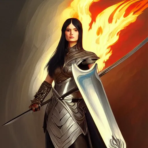 Image similar to portrait, woman dressed in plate armor with black hair and blue eyes wielding a greatsword, elegant, digital illustration, fire magic, detailed, intricate, sharp focus, digital painting, deep focus, digital painting, artstation, concept art, matte, art by artgerm and greg rutkowski and alphonse mucha