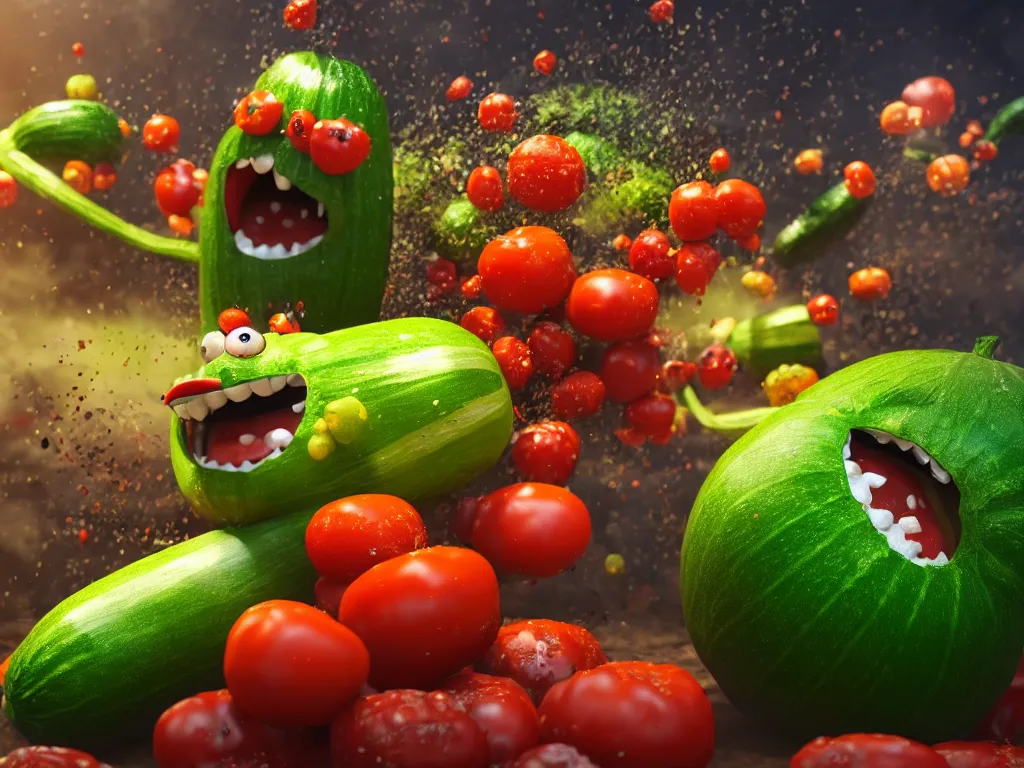 Image similar to highly detailed 3 d render of a raging mad angry zucchini character, dirt road, scared tomates scattered everywhere, high speed action, explosions, dramatic scene, hyper realistic octane render, cinematic lighting, tomato splatter, deviantart, black sky, lowbrow, surrealism, pixar still, mayhem