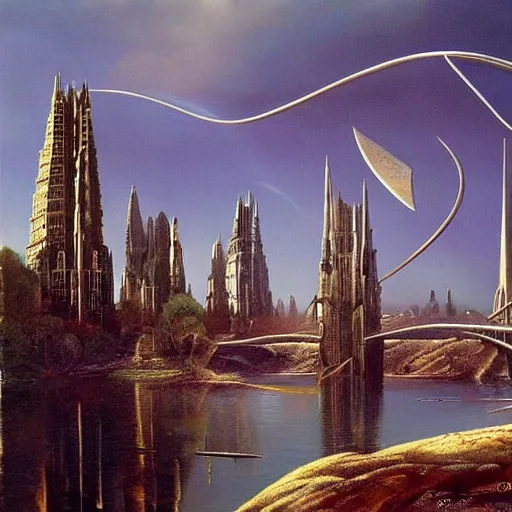 Image similar to by jim burns tranquil, angular. a beautiful land art of a cityscape with tall spires & delicate bridges.