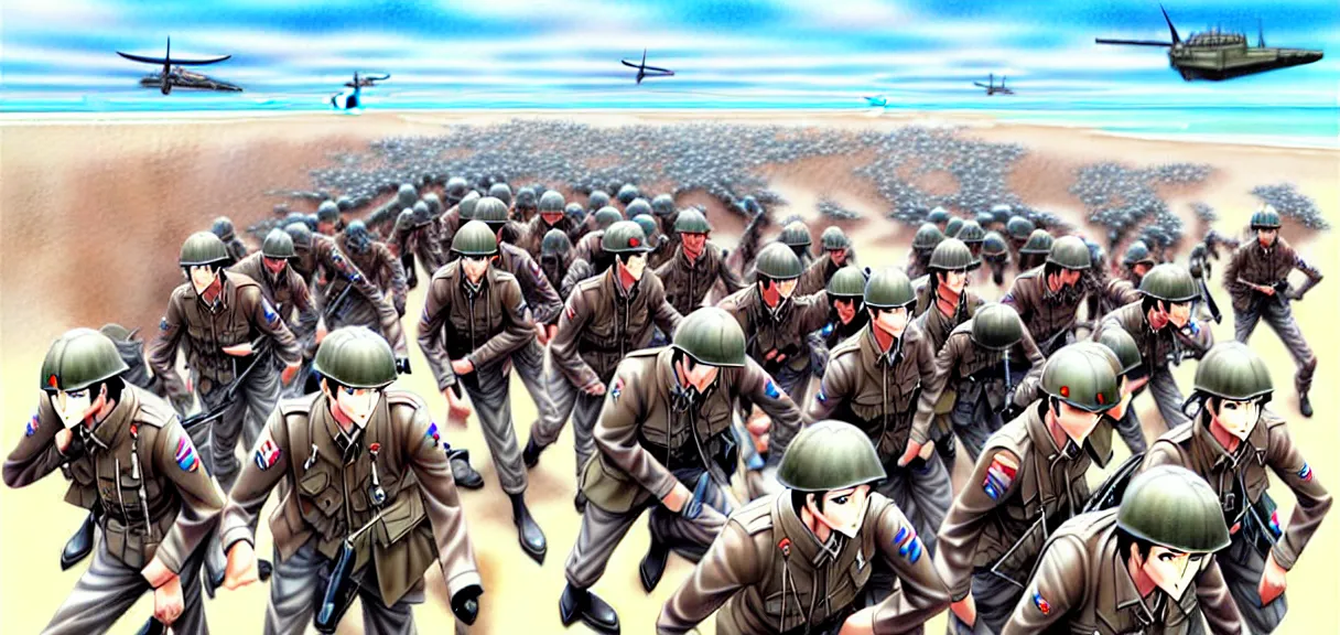 Image similar to richly detailed colored pencil 3D illustration of the battle of Omaha Beach, art by Range Murata and Artgerm.