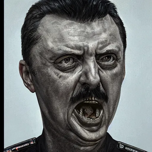 Prompt: Portrait of Igor Ivanovich Strelkov while he is calling for war mobilization, photo-realistic, 2K, highly detailed, bodyhorror by H.R.Giger, tends to have fractal structure