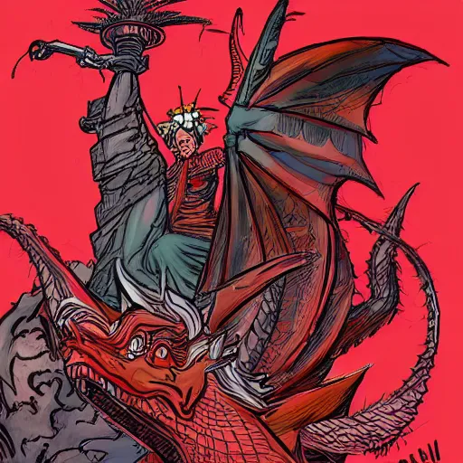 Image similar to Lady Liberty riding the red dragon of china. illustration concept art in the style of Arthur Adams