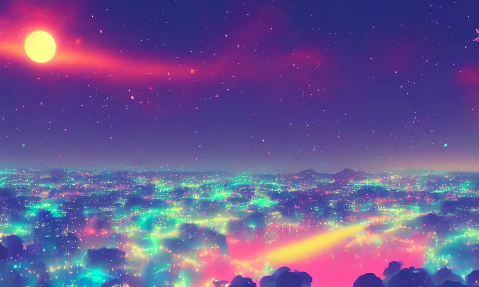 Image similar to a colorful glowing heavenly japanese city, sunset, stars, particles, pastel, artstation, digital art.