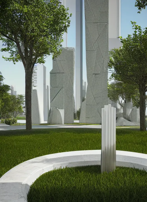 Prompt: highly detailed realistic architecture 3 d render of a futuristic stele monument in renzo piano style standing in city park, archdaily, made in unreal engine 4 octane render