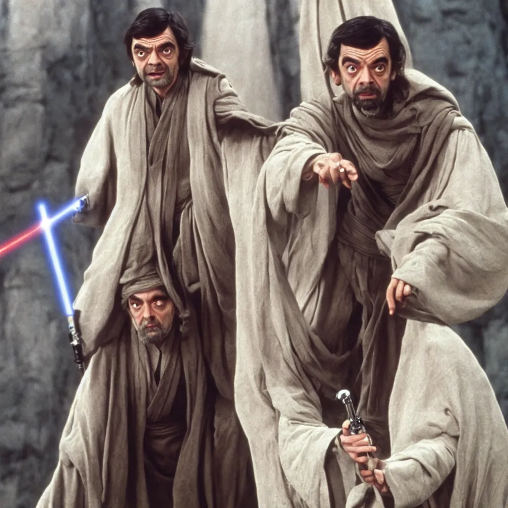 Prompt: Still of Mr. Bean as jedi master Obiwan kenobi!!!!. in Star Wars (1977). detailed eyes. medium shot, technicolor. light saber