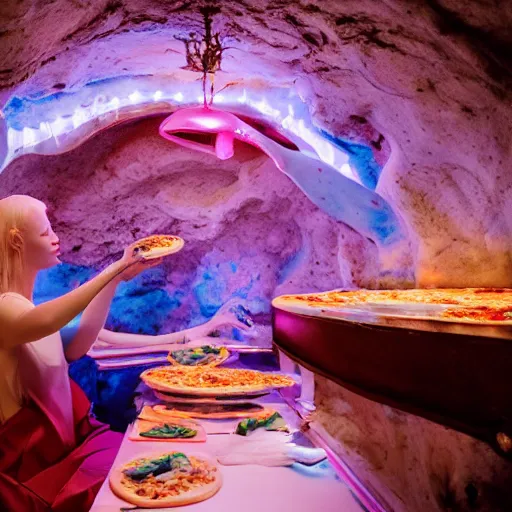 Image similar to cinematic photo of a beautiful albino praying mantis woman lit with saturated split colour blue and dusty pink lighting serving pizza in a grotto restaurant