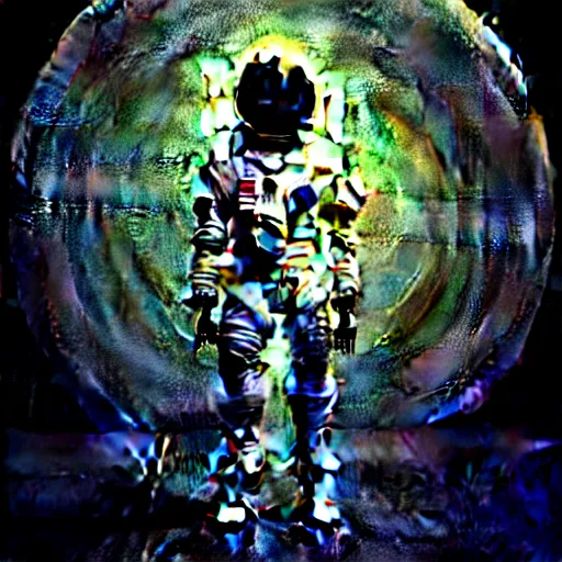 Image similar to full-body dark creepy gothic digital illustration realism a decapitated astronaut with futuristic elements. he welcomes you under with no head, empty helmet inside is occult mystical symbolism headless full-length view. standing on ancient altar eldritch energies lighting forming around disturbing frightening intricate, award winning digital illustration hyper realism, 8k, depth of field, 3D