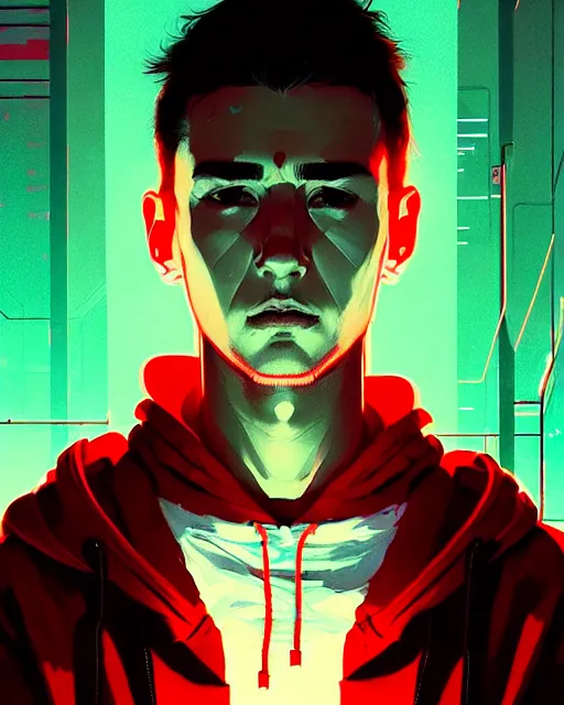 Image similar to cyberpunk synth, hyper - realistic portrait of a man in a white and red hoodie, cyberpunk, by atey ghailan, by greg rutkowski, by greg tocchini, by james gilleard, by joe fenton, by kaethe butcher, dynamic lighting, gradient light blue, brown, cinematic lighting color scheme, sharp focus, grunge aesthetic