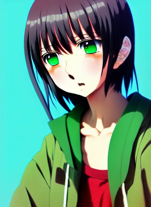 Image similar to anime portrait seu madruga, el chavo, dark hair, red eyes, wearing green jacket, ilya kuvshinov, anime, pixiv top monthly, trending on artstation, cinematic, danbooru, zerochan art, kyoto animation