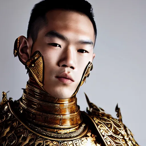 Image similar to a portrait of a beautiful young thai male wearing an alexander mcqueen armor , photographed by andrew thomas huang, artistic