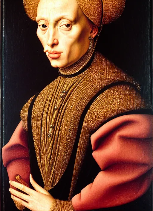 Image similar to portrait of kim kardashian, oil painting by jan van eyck, northern renaissance art, oil on canvas, wet - on - wet technique, realistic, expressive emotions, intricate textures, illusionistic detail