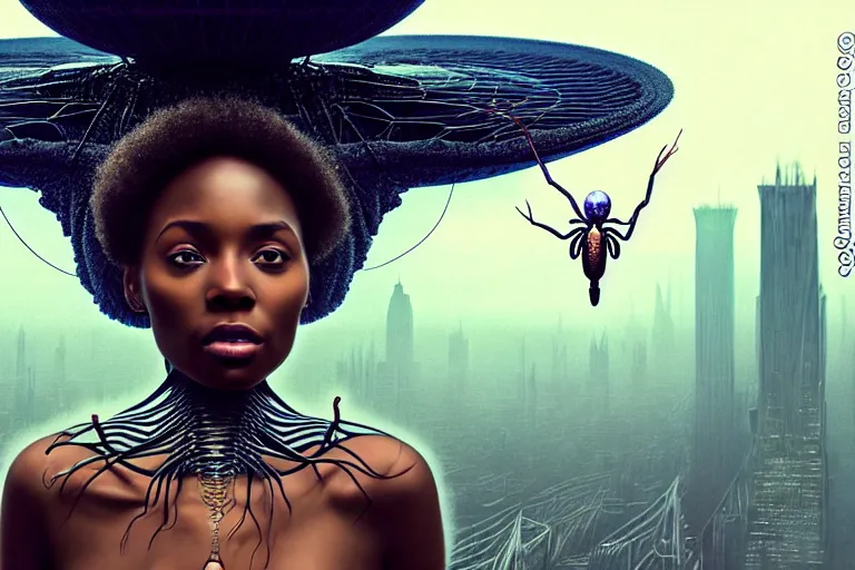 Image similar to realistic detailed closeup portrait movie shot of a beautiful black woman on a giant spider, dystopian city landscape background by denis villeneuve, amano, yves tanguy, alphonse mucha, ernst haeckel, edward robert hughes, roger dean, cyber necklace, rich moody colours, sci fi patterns, wide angle