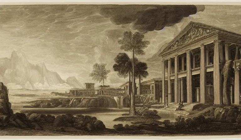 Prompt: A serene landscape with a singular building in the style ofGiovanni Battista Piranesi.