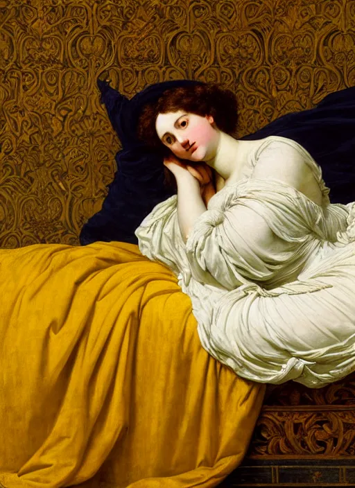 Image similar to masterpiece portrait of lady reclining on bed, rococo flowing cloth in wind raising twisting rising sheets floating in wind flying, wearing yellow ochre ornate medieval dress, vertical, foreshortening, colour photography by frederic leighton, william morris, 8 k