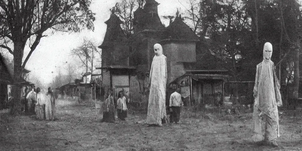 Image similar to scary unproportionable tall ghost creature in the middle of a village, 1900s picture