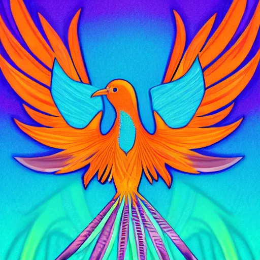 Prompt: phoenix salt bird round composition rebirth orange purple symbolism swirl tail feather graphic design