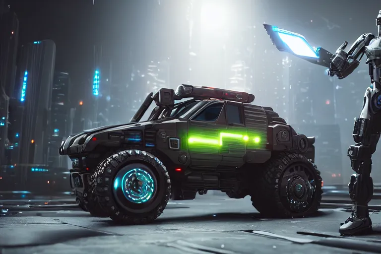 Image similar to still photo of a futuristic cyberpunk remote control truck, highly detailed, photorealistic portrait, bright studio setting, studio lighting, crisp quality and light reflections, unreal engine 5 quality render