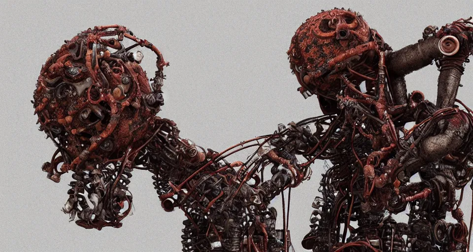 Image similar to Techno-biological rusty robot geisha consisting of tumors, veins, bones, kidneys, wires. Biopunk, body-horror, high detail, photorealism, full length view, very rust, concept art, octane render, 16k, 8k