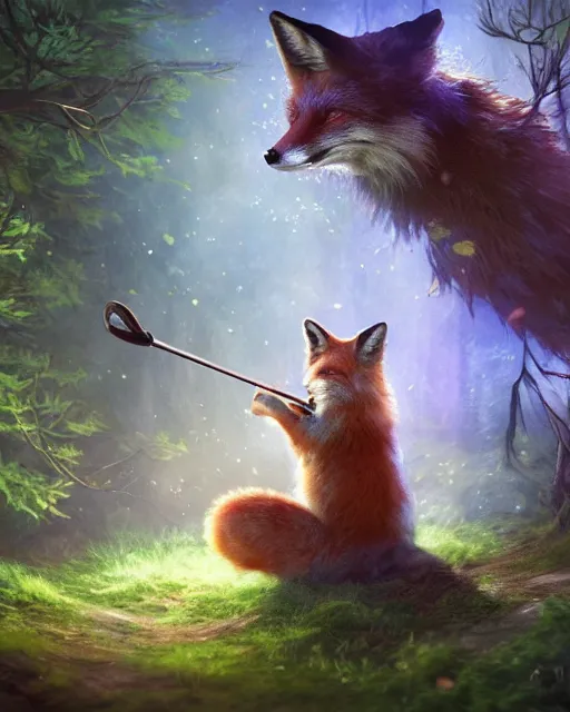 Image similar to Fox playing violin in magical forest, portrait, wearing hat, magical notes, fairy atmosphere, magic the gathering artwork, D&D, fantasy, cinematic lighting, centered, symmetrical, highly detailed, digital painting, artstation, concept art, smooth, sharp focus, illustration, volumetric lighting, epic Composition, 8k, art by Akihiko Yoshida and Greg Rutkowski and Craig Mullins, oil painting, cgsociety