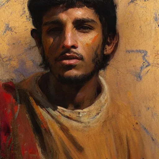 Image similar to Solomon Joseph Solomon and Richard Schmid and Jeremy Lipking Middle eastern genre painting portrait painting of a 17 year old handsome Mediterranean skinned man in colorful ancient Canaanite tunic, field background