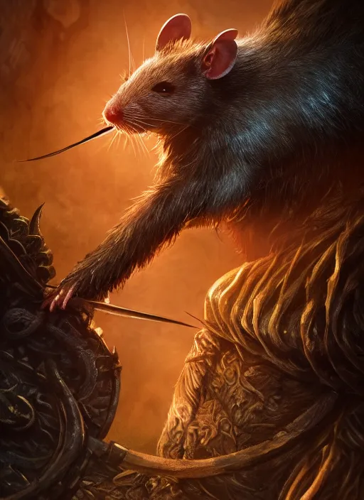 Image similar to rat, ultra detailed fantasy, elden ring, realistic, dnd character portrait, full body, dnd, rpg, lotr game design fanart by concept art, behance hd, artstation, deviantart, global illumination radiating a glowing aura global illumination ray tracing hdr render in unreal engine 5