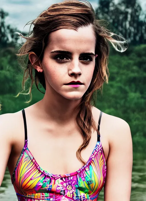 Image similar to Emma Watson for Victorian Secret, perfect face, hot summertime hippie, psychedelic swimsuit, home swimming pool, cloudy day, full length shot, XF IQ4, 150MP, 50mm, f/1.4, ISO 200, 1/160s, natural light, Adobe Photoshop, Adobe Lightroom, DxO Photolab, Corel PaintShop Pro, rule of thirds, symmetrical balance, depth layering, polarizing filter, Sense of Depth, AI enhanced