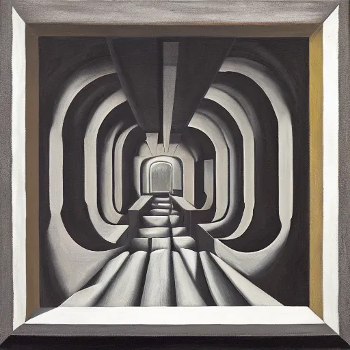 Prompt: first - person view of a stark concrete maze with people looking into portholes, ( ( ( grant wood ) ) ), pj crook, ( ( ( ( ( ( edward hopper ) ) ) ) ) ), oil on canvas