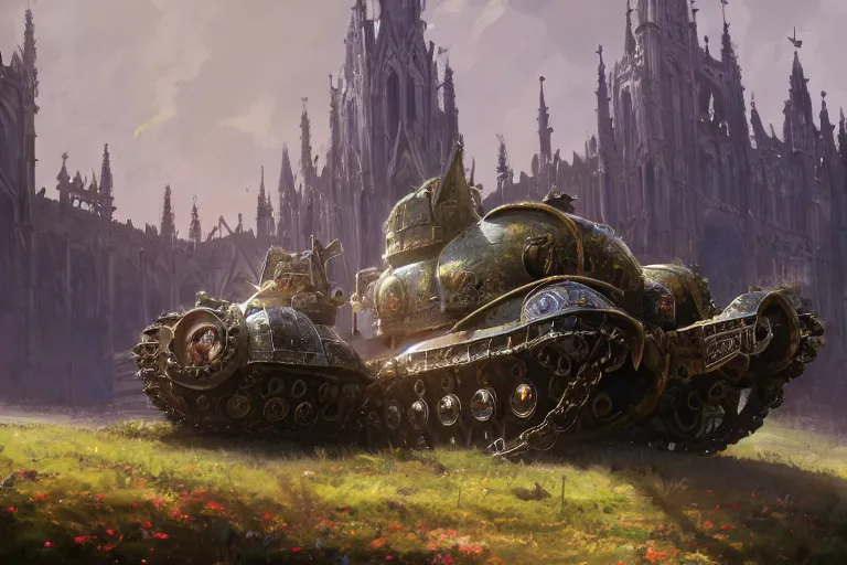 Image similar to a mobile driving ornate cathedral church mounted on a tank with chain drive, warhammer 4 0, scene in an open field. key visual, conceptart, ambient lighting, highly detailed, digital painting, artstation, concept art, sharp focus, by makoto shinkai and akihiko yoshida and kris kuksi