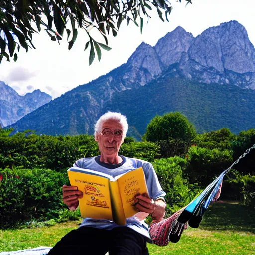 Image similar to my older italian wise friend on a hammock, reading new book, gravity is strong, he is very relaxed, mountains in a background