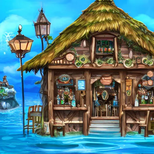 Prompt: wideshot of a magical water themed tavern, highly detailed digital art