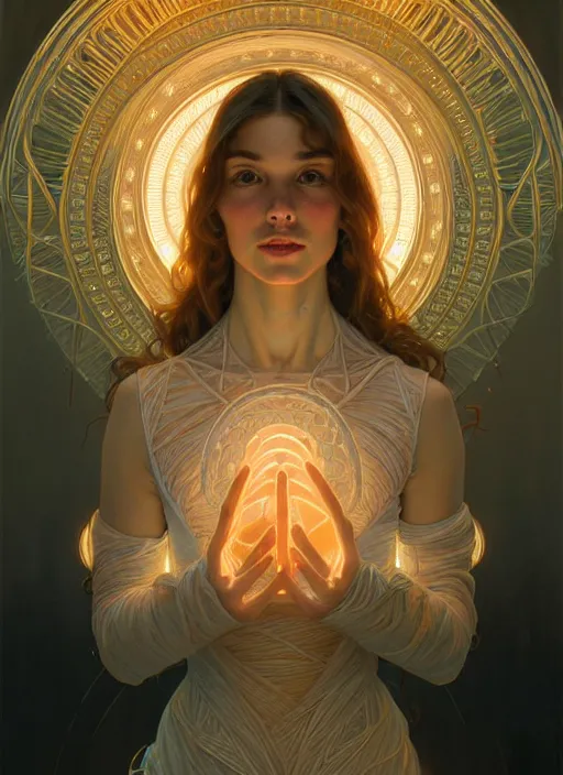 Image similar to symmetry!! portrait of a woman, cottagecore!!, glowing lights!! intricate, elegant, highly detailed, digital painting, artstation, concept art, smooth, sharp focus, illustration, art by artgerm and greg rutkowski and alphonse mucha