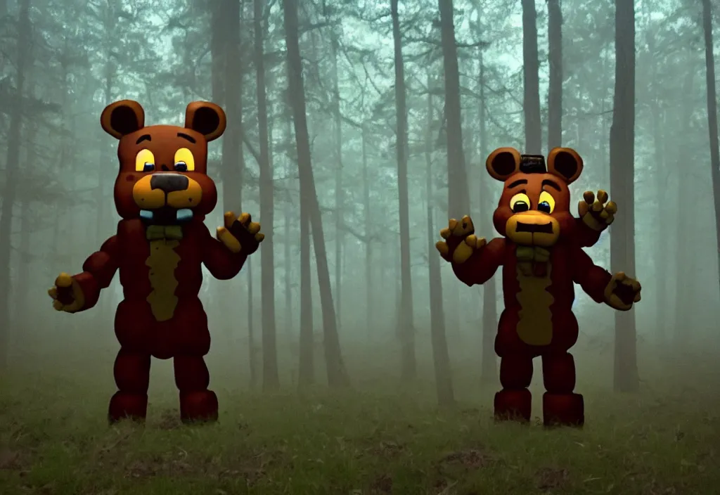 Prompt: low quality iphone photo of freddy fazbear standing ominously deep in the foggy woods with a demonic smile in his face, low visibility, grainy, creepy