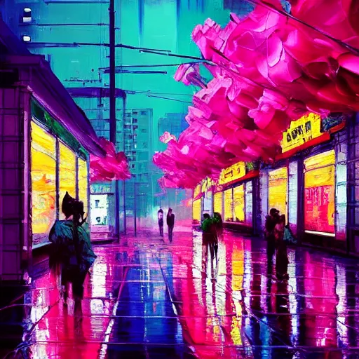Prompt: impressionism and expressionism, bold colors, expressive brushstrokes. a painting of an art - deco city street with pink flowers, cyberpunk art by liam wong, cgsociety, panfuturism, cityscape, utopian art, anime aesthetic