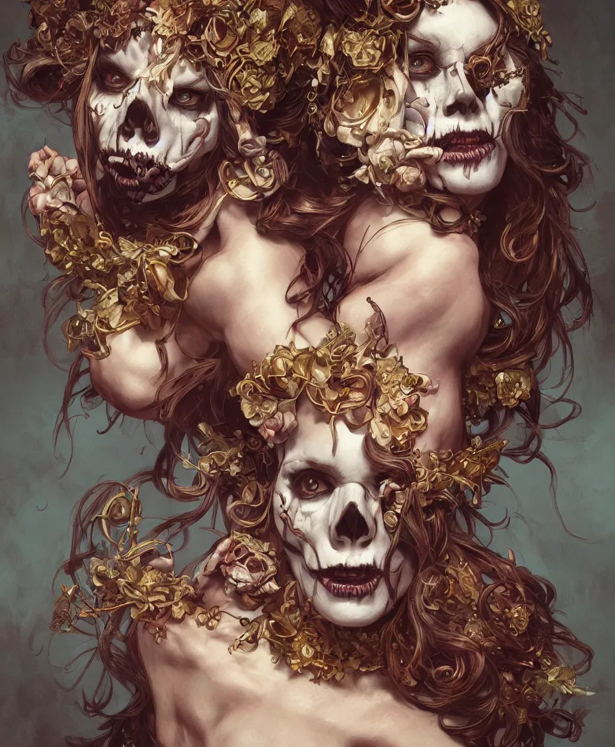 Image similar to Hyperrealistic portrait of skull clown, fantasy, intricate, elegant, highly detailed, digital painting, trending artstation, concept art, smooth, sharp focus, illustration, art by artgerm and greg rutkowski and alphonse mucha