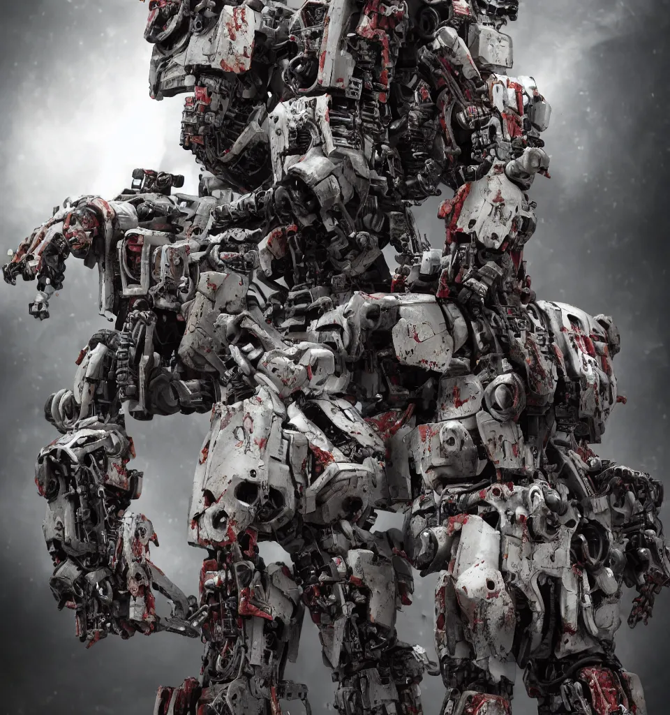 Image similar to cinematic full body portrait of a zombie heavy mech with flesh, by kow yokoyama, maschinen krieger, hobby japan, stormy post apocalyptic cyberpunk gothic city, highly detailed, shot with canon 5 d mark ii, face detail, rob bottin, rick baker, jordu schell, artstation, cg society, soft illumination