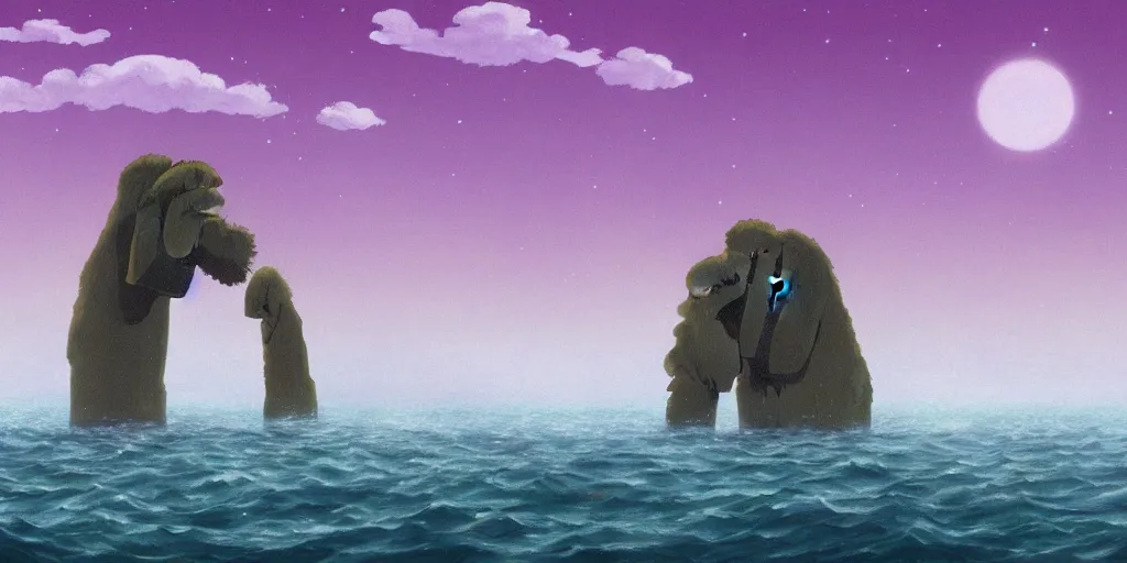 Image similar to a realistic cell - shaded studio ghibli concept art from paprika ( 2 0 0 6 ) of a giant wooly mammoth in a flooded easter island on a misty starry night. very dull colors, wide shot, hd, 4 k, hq