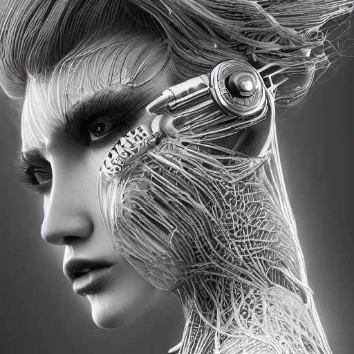 Image similar to the portrait of an absurdly beautiful, graceful, elegant, sophisticated, fashionable cyberpunk gravure idol, an ultrafine hyperdetailed illustration by kim jung gi, irakli nadar, intricate linework, bright colors, porcelain skin, unreal engine 5 highly rendered, fashion photography, half of face electronics, global illumination, radiant light, detailed and intricate environment