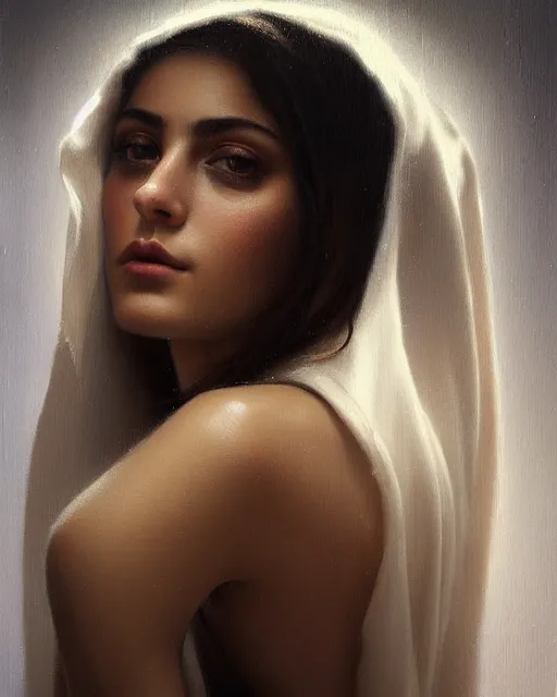 Prompt: a highly realistic, true to life portrait of a beautiful young middle eastern girl, soft focus, from the waist up, with sharp features, a beautiful face, soft smile, under studio lighting, taken with a canon eos camera with 1 3 5 mm focal length, art by karol bak, james jean, tom bagshaw, trending on artstation,