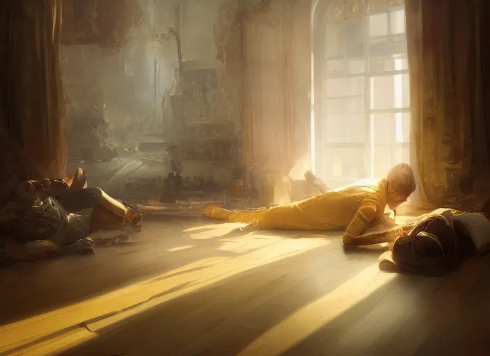 Image similar to the rich golden house and silhouette man lying on the floor alone around volumetric lighting, digital painting, highly detailed, artstation, sharp focus, illustration, concept art, ruan jia, steve mccurry, amazing composition