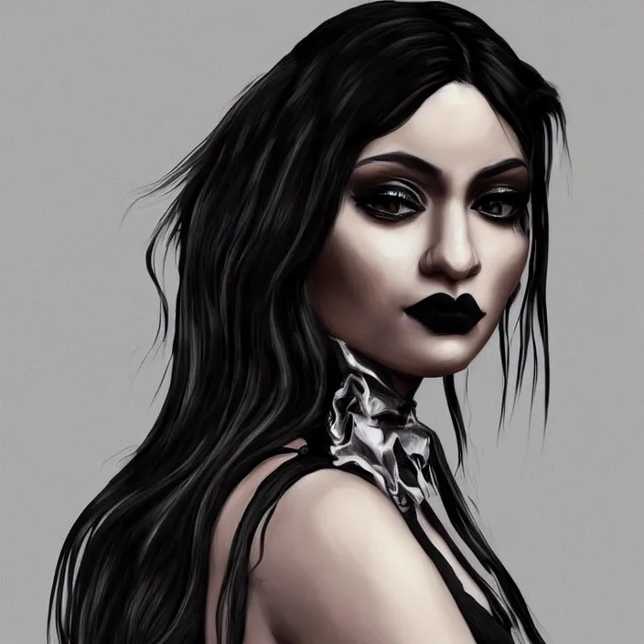 Image similar to gothic kylie jenner, portrait, hyperrealistic, emo, beautiful face, digital art, hd, concept art, by kara walker, by wlop