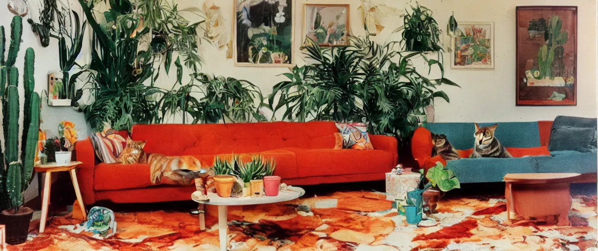 Prompt: 1970s interior design magazine photo of a sunfaded couch with a lava lamp next to it, at dusk, with a cat on the couch and a rug on the floor, wooden walls with framed art, and a potted cactus and some hanging plants