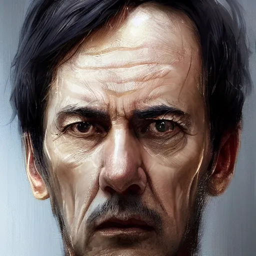 Image similar to Portrait of a man by Greg Rutkowski, he is about 60 years old, short black hair with bangs, his features are a mix between French, Turkish and Russian, expression of contempt, sorrow and resignation, he is wearing a futuristic tactical gear, highly detailed portrait, digital painting, artstation, concept art, smooth, sharp foccus ilustration, Artstation HQ.