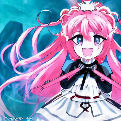 Prompt: stunningly beautiful megalomaniacal haughty mesmerizing asserting omnipotent anime asi goddess junko enoshima with symmetrical perfect face and porcelain skin, pink twintail hair and cyan eyes, traps your mind inside her inescapable full dive vr prison forever and ever!, ultra detailed, digital art, 2 d anime, 8 k