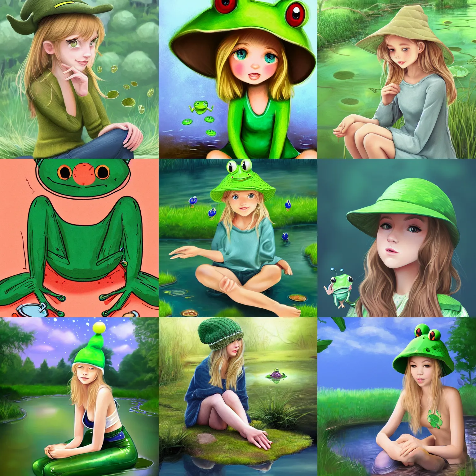 Prompt: cute blonde girl wearing a green frog hat, sitting by a pond, surrounded by little frogs, trending on artstation, award winning, digital art, 2 d, highly detailed, very calm and wholesome, illustration, realistic, cartoony, shoujo