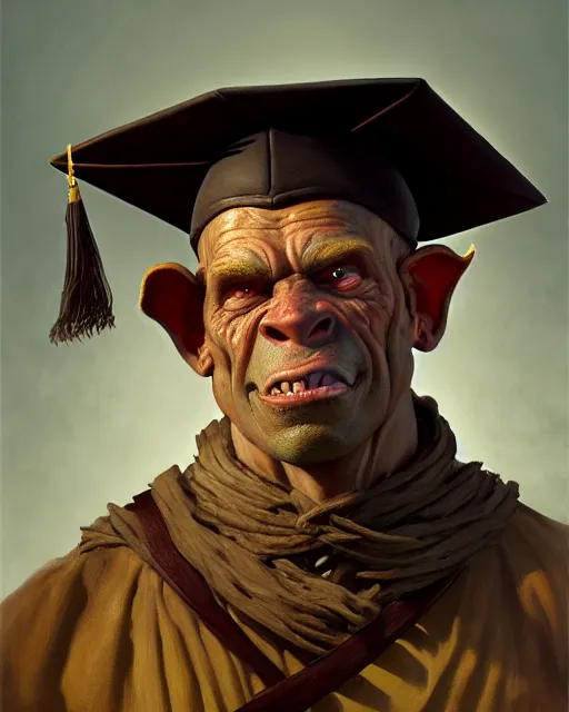 Image similar to medium - shot oil portrait of an orc in a graduation hat, artstation, highly detailed digital painting, smooth, global illumination, fantasy art by greg rutkowsky, karl spitzweg, leyendecker