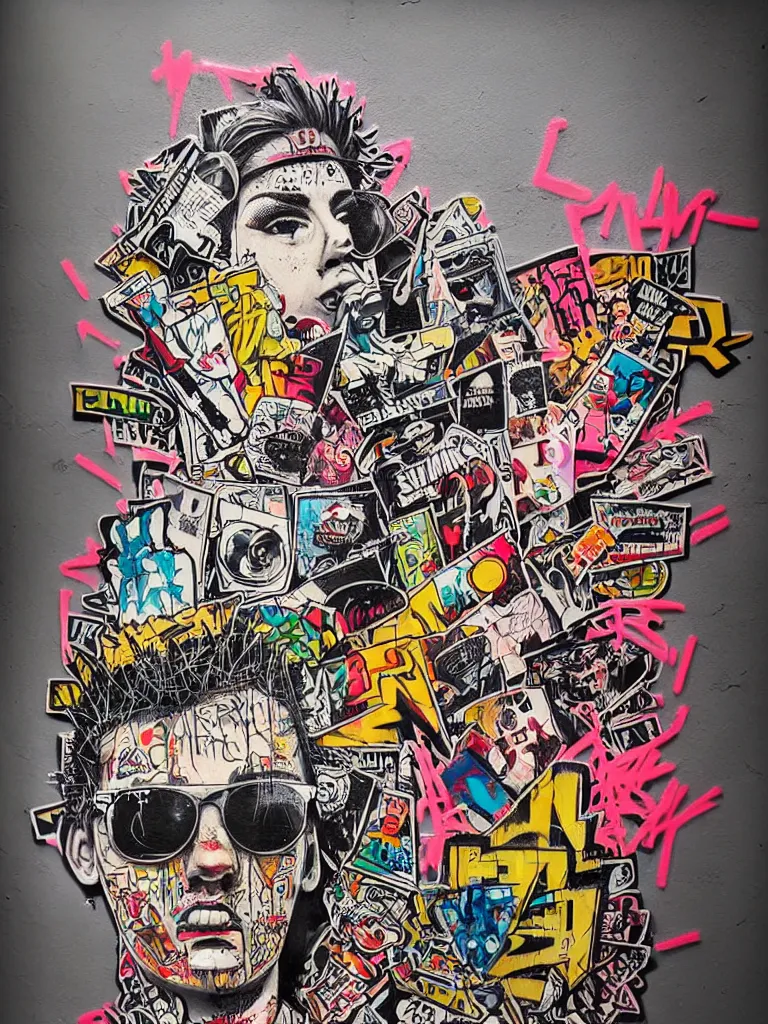 Prompt: a multilayered mixed media street art on paper bursting with nostalgic pop culture references, punk and graffiti symbols and tattoo designs, sharp details and in focus, high resolution, flat evenly lit background, art by stikki peaches