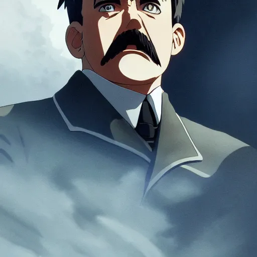 Image similar to a film still portrait of angry hitler, finely detailed features, cinematic lighting, anime key visual, trending on pixiv fanbox, painted by makoto shinkai, studio ghibli, greg rutkowski, wlop