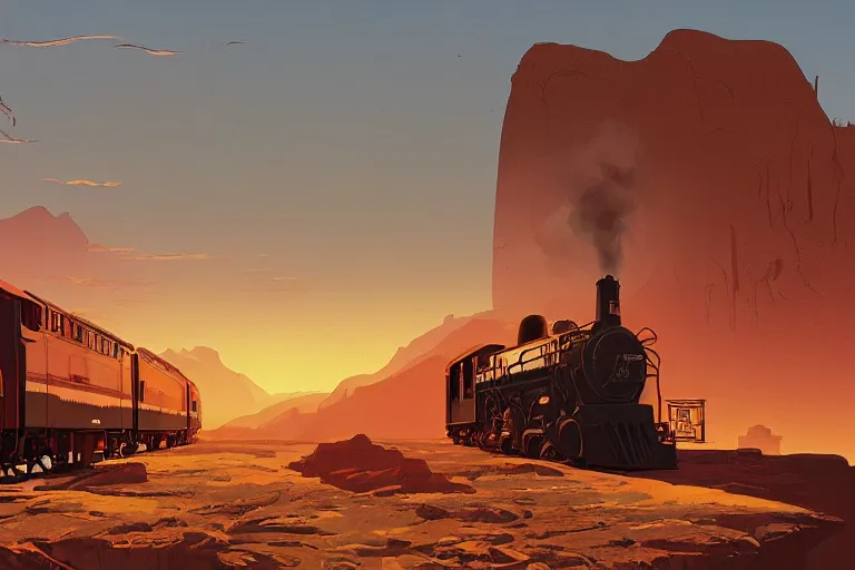 Image similar to idyllic old western train station illustration by syd mead, artstation, 4 k, graphic novel, concept art, matte painting, steam engine, beautiful mountain desert sunset background, golden hour